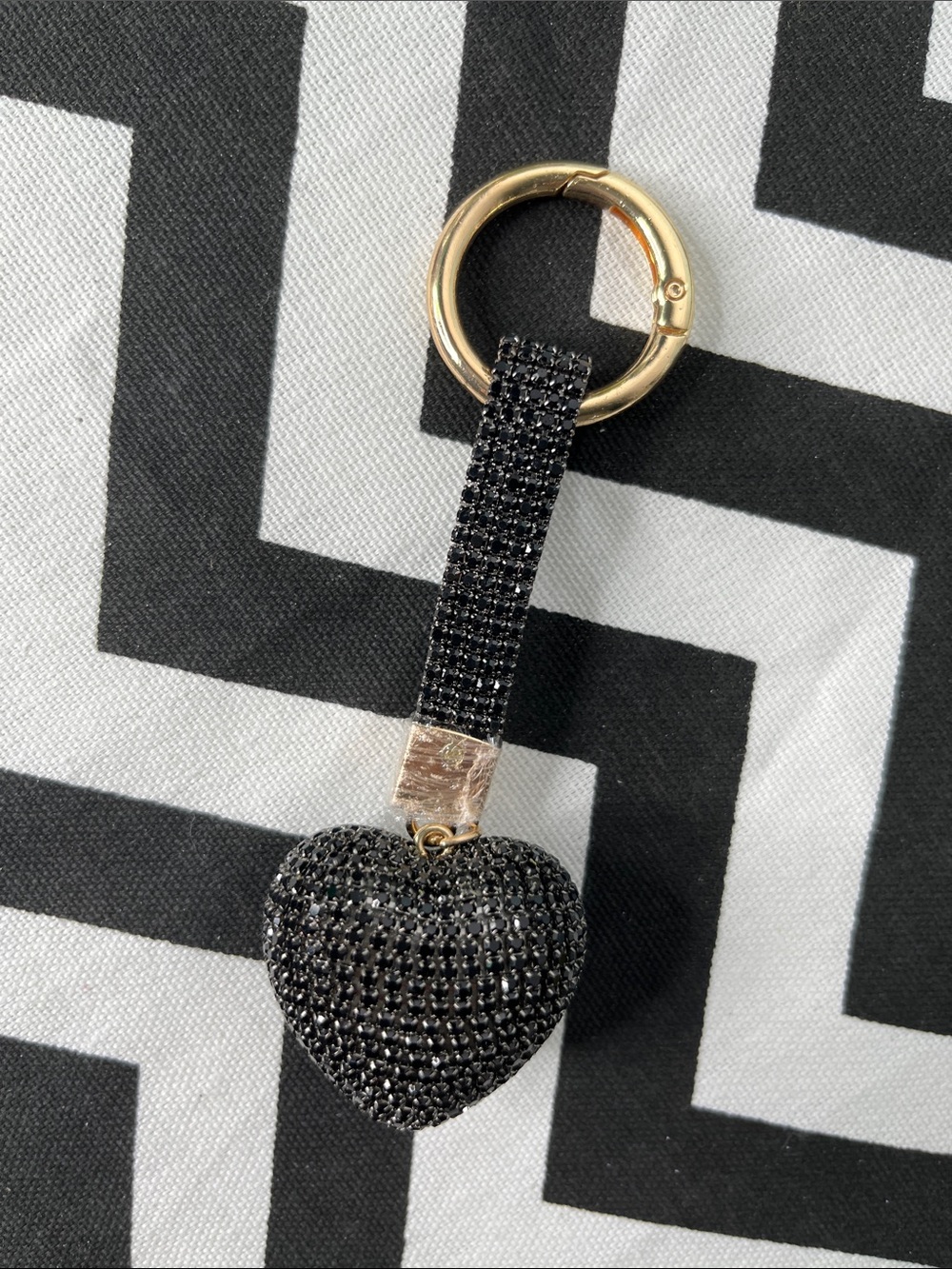 Black Rhinestone Puffy Heart Keychain with Gold Ring